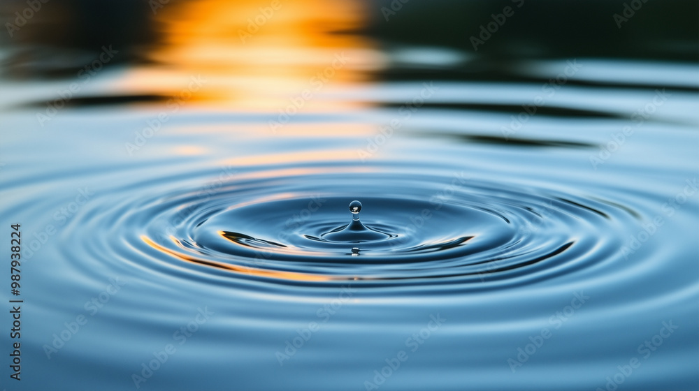 A small drop of water creating circular waves that spread out from its center A small drop of water creating circular waves that spread out from its center