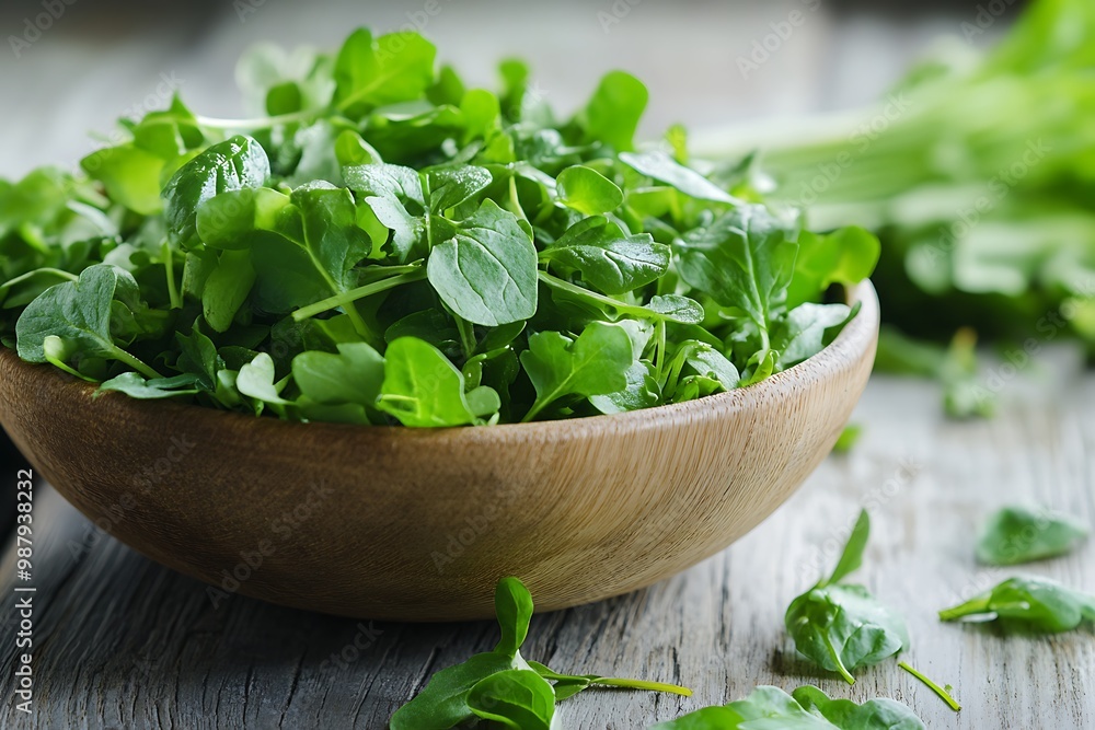 Fresh green watercress in wooden bowl on rustic wooden surface, close up Fresh green watercress in wooden bowl on rustic wooden surface, close up