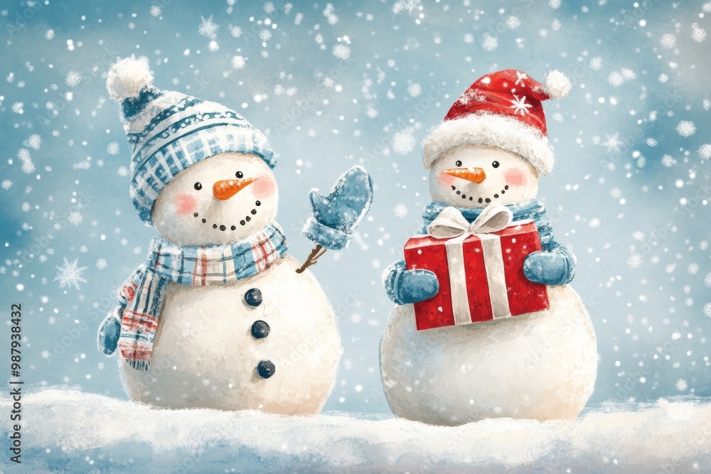 Two happy snowmen dressed in knitted hats, scarves and mittens on blue snowy background, one snowman holding red gift box, New Year greeting card, Christmas mood. Two happy snowmen dressed in knitted hats, scarves and mittens on blue snowy background, one snowman holding red gift box, New Year greeting card, Christmas mood.