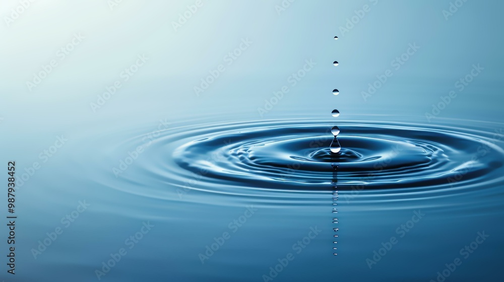 Water droplet splashing into calm blue surface creating tranquil ripples and reflections in serene minimalist setting Water droplet splashing into calm blue surface creating tranquil ripples and reflections in serene minimalist setting