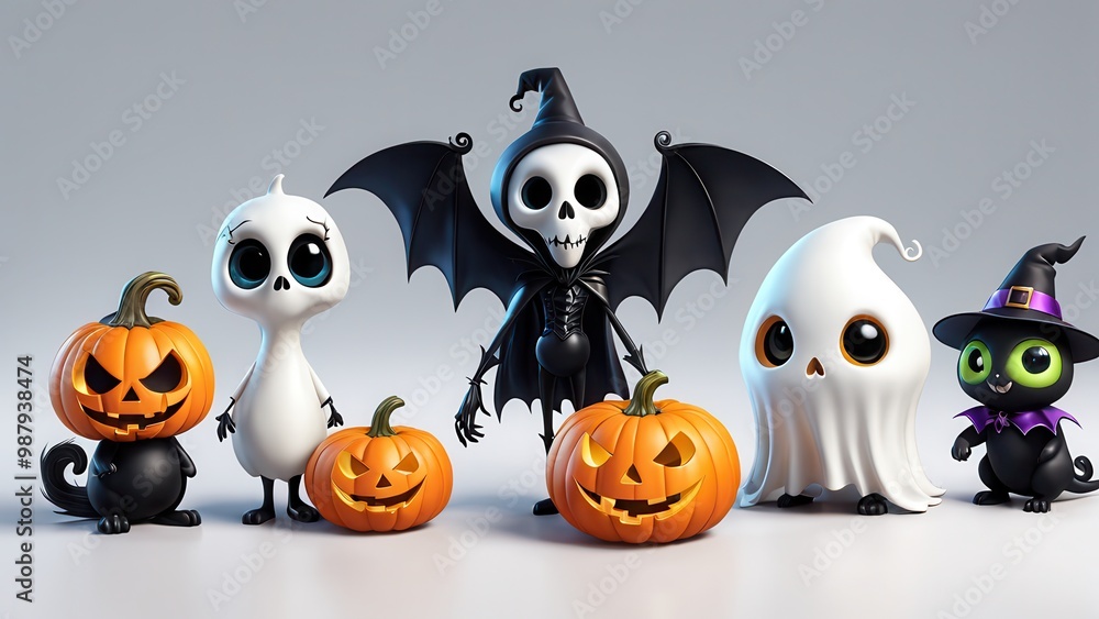 Fototapeta premium A whimsical Halloween scene featuring cute characters like a skeleton, ghost, and pumpkins.