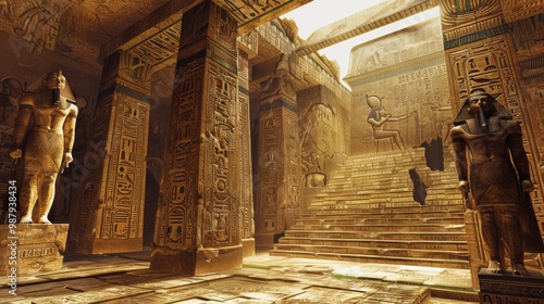 Majestic Ancient Egyptian Temple with Towering Statues and Ornate Columns