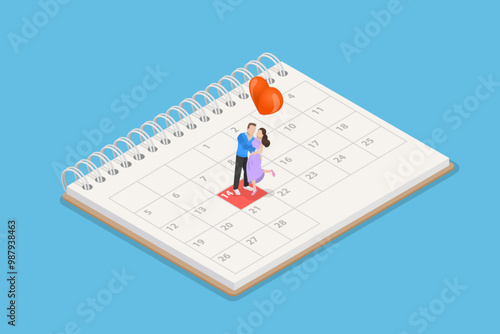 3D Isometric Flat Vector Illustration of Schedule Of Events, Miniature Couple With Heart Shape on Calendar