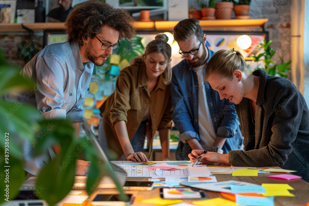 Fototapeta premium A group of people are working together in a room with a whiteboard and a laptop.,