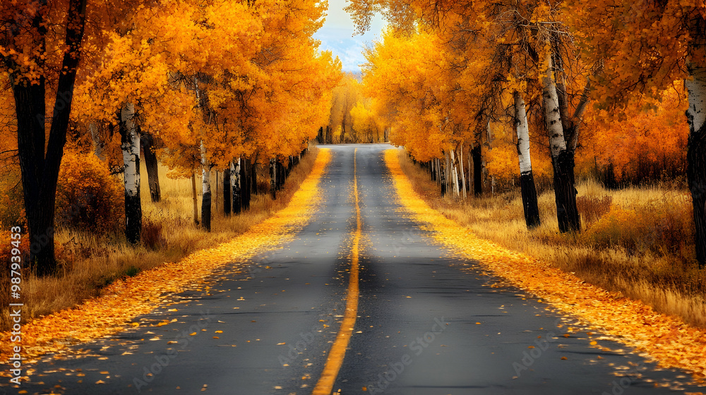 Autumn landscape with yellow leaves along an empty road. illustrations Autumn landscape with yellow leaves along an empty road. illustrations