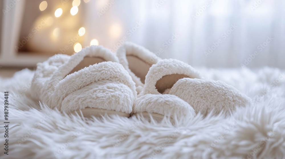 A pair of home slippers paired with a cozy pajama set is placed on a fluffy white blanket A pair of home slippers paired with a cozy pajama set is placed on a fluffy white blanket