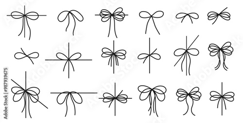Set of decorative isolated on white background black silhouettes, contours of bows, ribbon made of thin jute, rope for gift wrapping, present for Christmas, Birthday, New Year. Vector EPS10