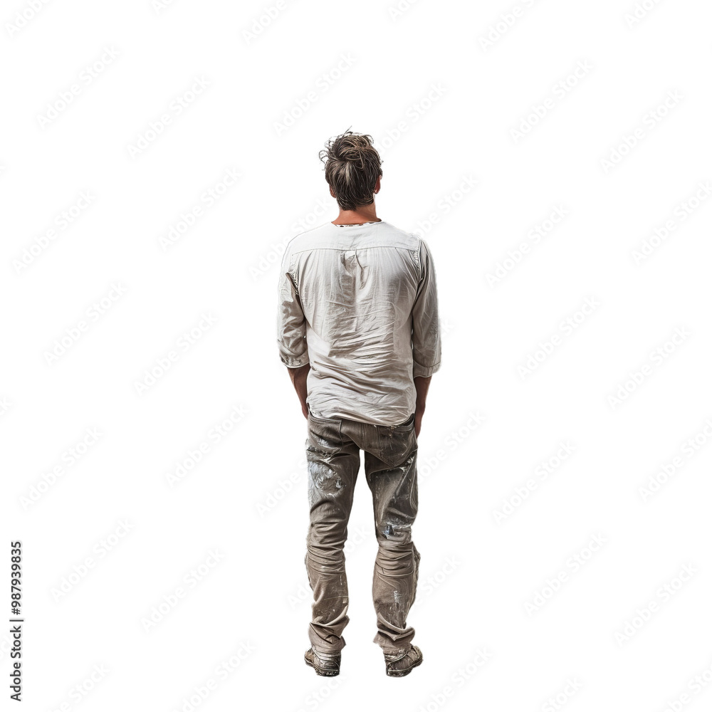 Fototapeta premium Construction worker is standing with his hands in his pockets, looking up at something