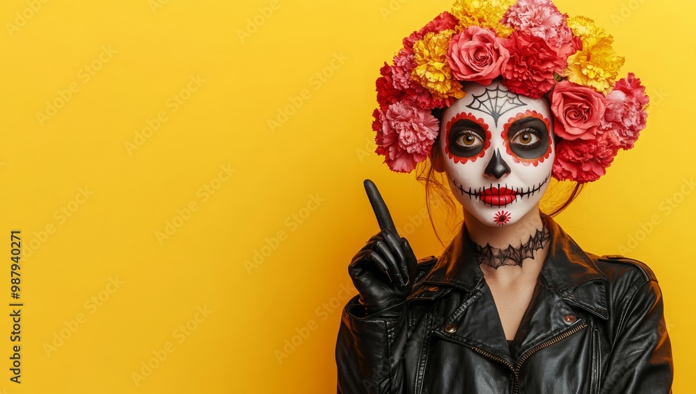 Happy Halloween concept. Scared horrible female in special outfit, wears white clay skull, professional makeup to look spooky, wears black clothes points away on blank space against yellow background Happy Halloween concept. Scared horrible female in special outfit, wears white clay skull, professional makeup to look spooky, wears black clothes points away on blank space against yellow background