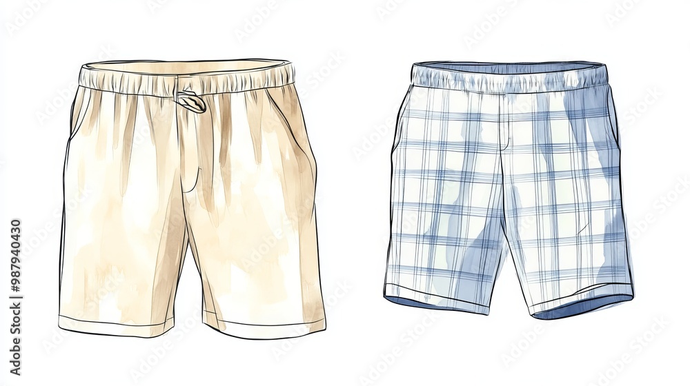 Flat sketch fashion illustration of men's pajama bottoms and boxer shorts, displaying both front and back views. Includes sleepwear trouser pants and shorts as part of the set Flat sketch fashion illustration of men's pajama bottoms and boxer shorts, displaying both front and back views. Includes sleepwear trouser pants and shorts as part of the set