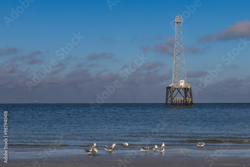 Communications tower off the shoreline with seabirds on the shore Fort DeSoto Tampa St. Petersburg Florida. Communicatons tower off shore with seabirds on the shoreline at Fort DeSoto Pier St. Petersb photo