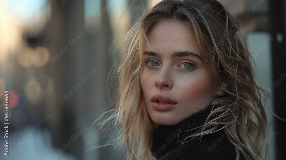 Close-up portrait of a young woman with blonde hair, looking directly at the camera with a pensive expression. Close-up portrait of a young woman with blonde hair, looking directly at the camera with a pensive expression.