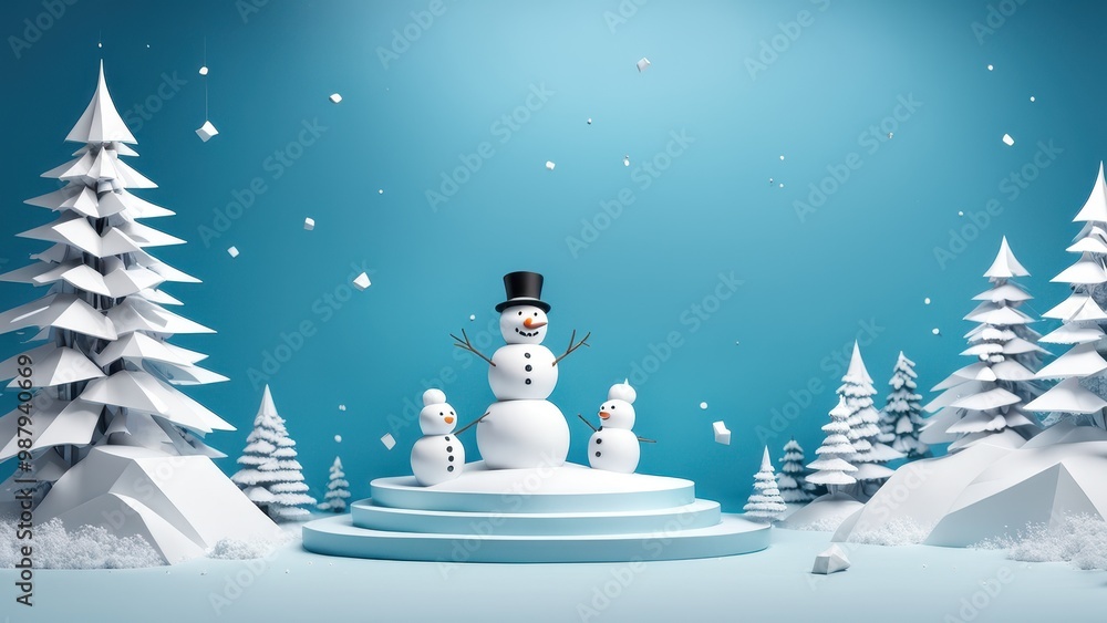 Obraz premium A whimsical winter scene featuring snowmen and frosty trees against a blue backdrop.