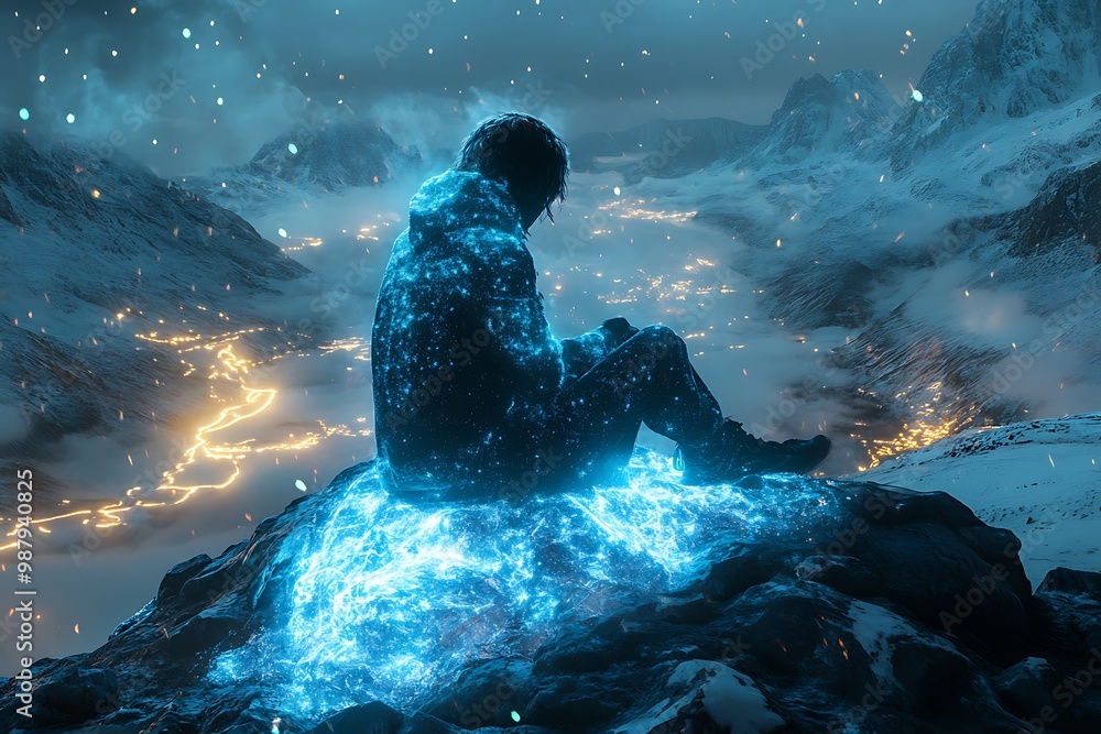 An abstract depiction of a human figure meditating amidst majestic mountains with glowing blue and red lights.. An abstract depiction of a human figure meditating amidst majestic mountains with glowing blue and red lights..