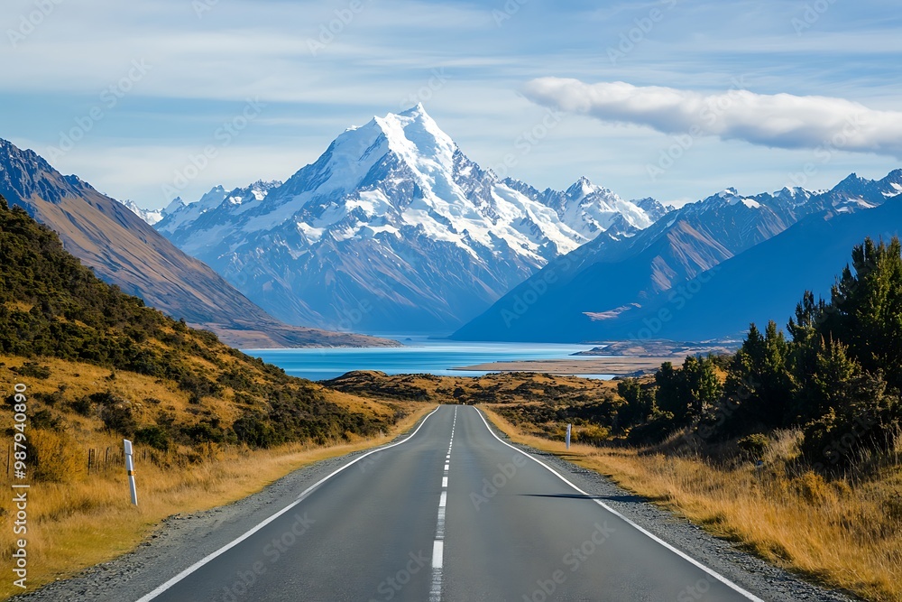 Asphalt road leading towards snow capped mountain and lake in New Zealand Asphalt road leading towards snow capped mountain and lake in New Zealand