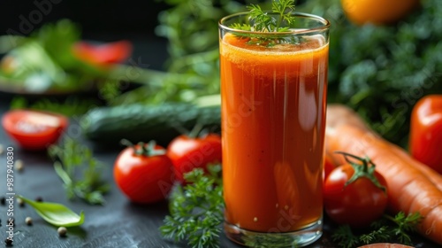 Fresh vegetable juice with herbs on a dark background photo