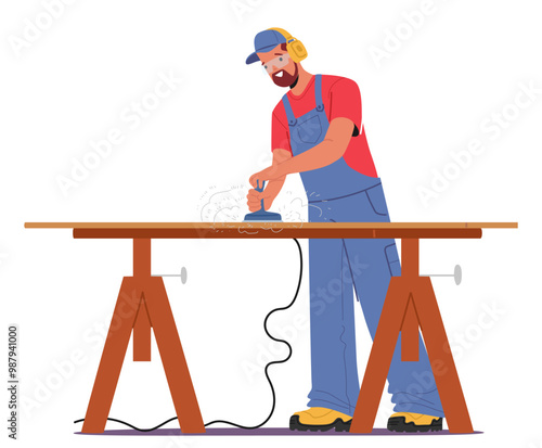 Carpenter Skillfully Sanding Wood On Workbench Capturing Art Of Carpentry And Craftsmanship In A Workshop