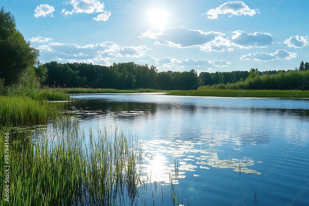 Fototapeta premium Tranquil lake scene with sun shining through clouds, blue sky and green trees