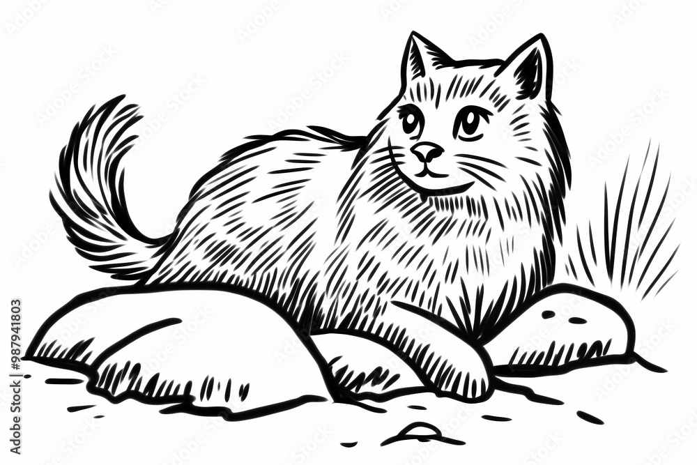 Obraz premium Adorable cat coloring page for children, perfect for creative stock illustrations.