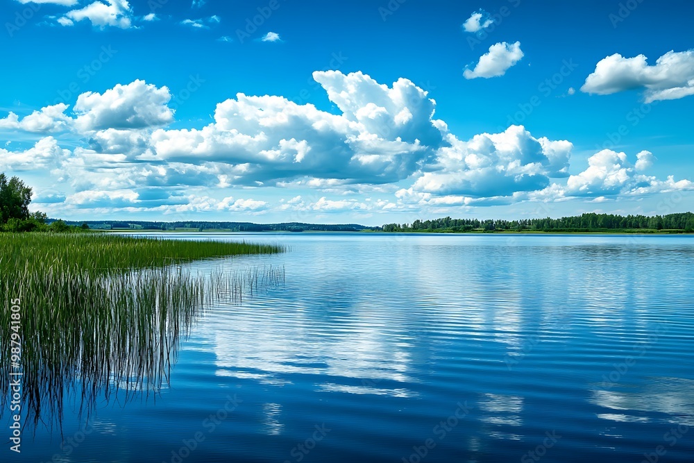 Obraz premium Beautiful serene lake with blue water, white clouds and blue sky, idyllic scenery, tranquil nature, natural background