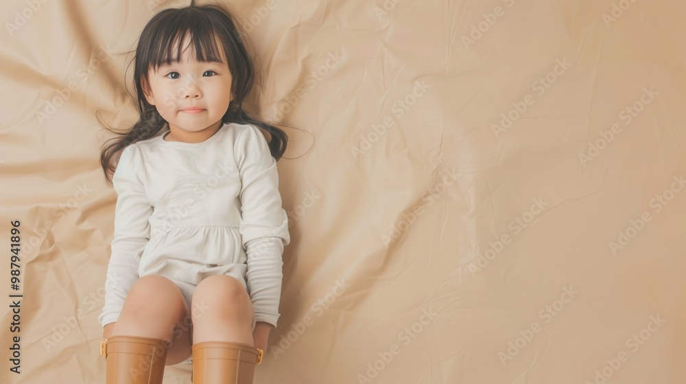 Fototapeta premium A young Asian girl with dark hair is lying down on a beige blanket. She is wearing a white dress and brown boots.