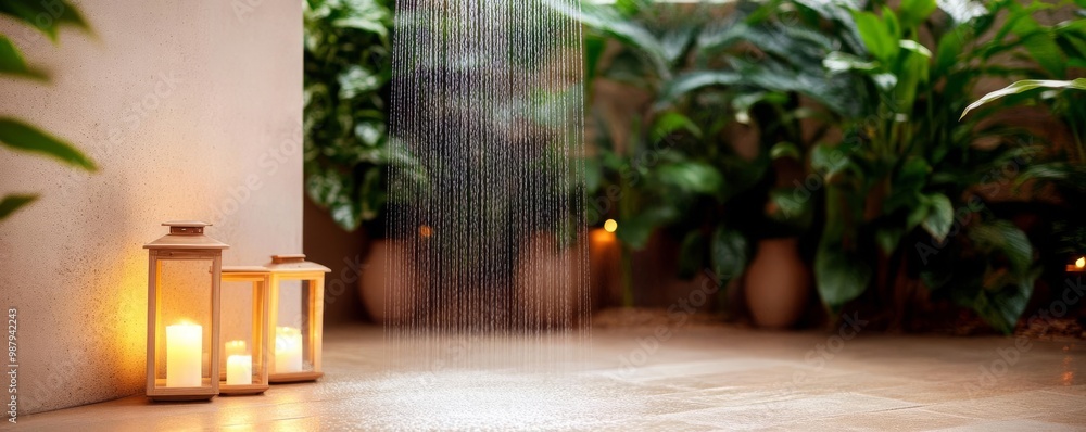 Hidden spa garden with a rain shower, soft music, and warm, flickering lanterns Hidden spa garden with a rain shower, soft music, and warm, flickering lanterns