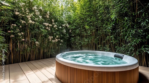 Hidden spa garden with bamboo walls, delicate floral scents, and a heated Jacuzzi