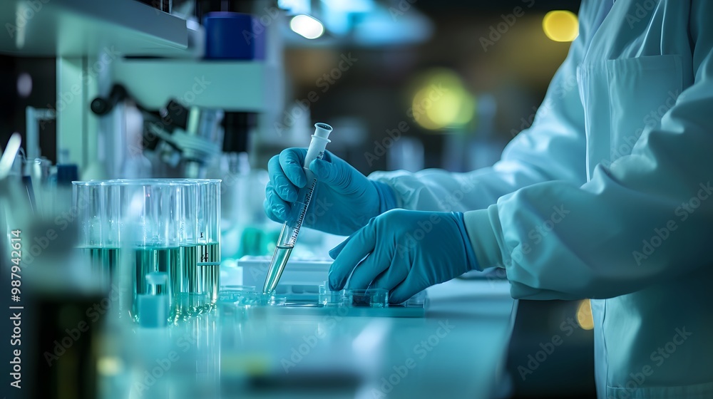 Scientist Using a Pipette to Transfer Liquid in a Laboratory Setting Scientist Using a Pipette to Transfer Liquid in a Laboratory Setting