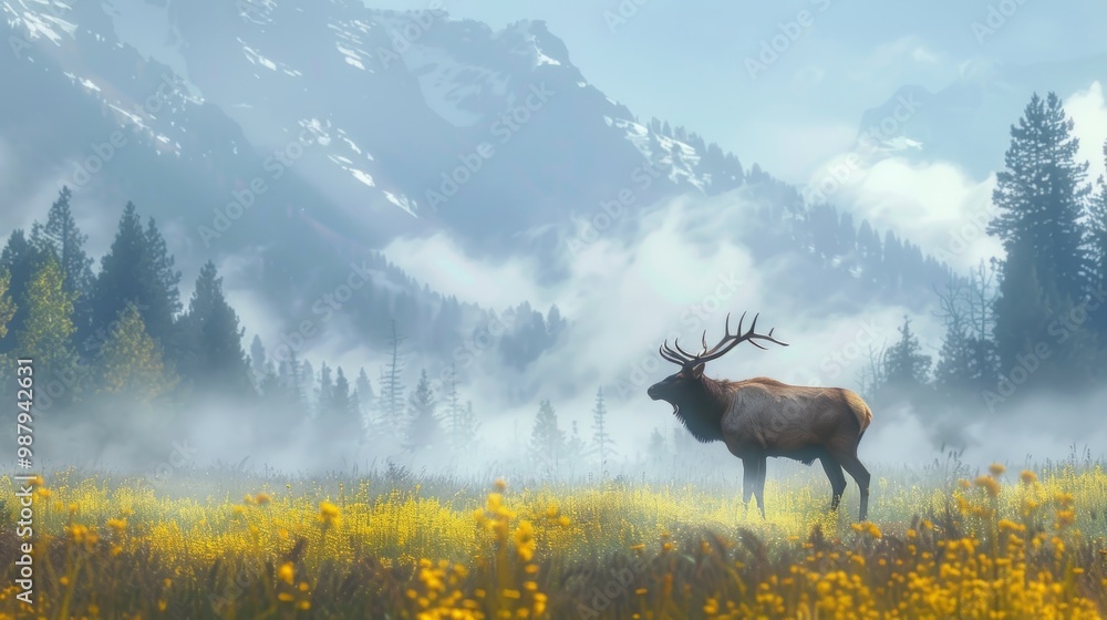 Fototapeta premium Majestic elk standing in a misty autumn mountain meadow with yellow wildflowers