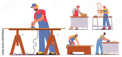 Talented Craftsmen Working on Various Woodworking Projects, Displaying Skill and Precision in Craftsmanship