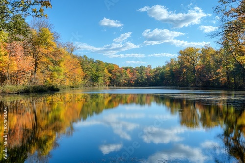 Autumn foliage reflected in a calm lake with a blue sky and white clouds