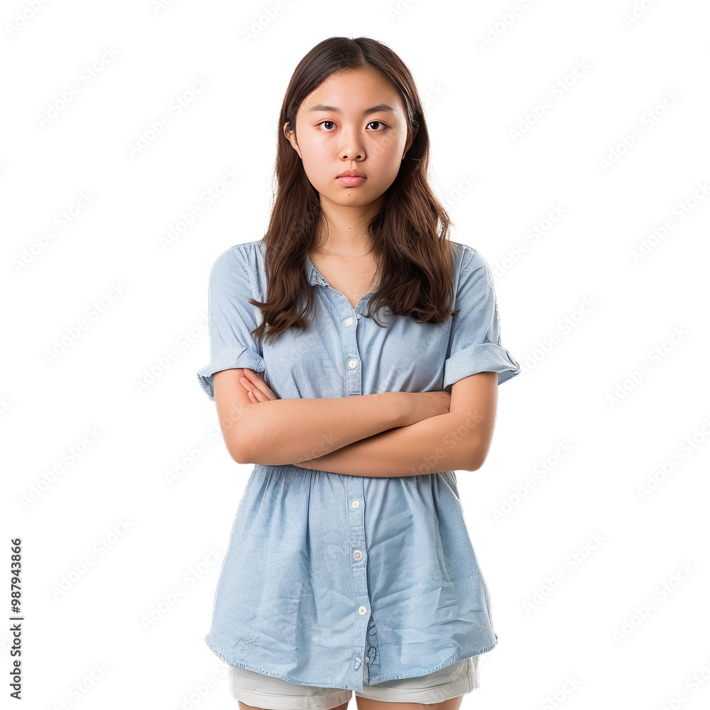 Young woman is standing with her arms crossed looking serious Young woman is standing with her arms crossed looking serious
