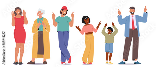 A Diverse Group Of Joyful Characters Standing With Their Fingers Crossed. This Gesture Represents Hope And Good Luck