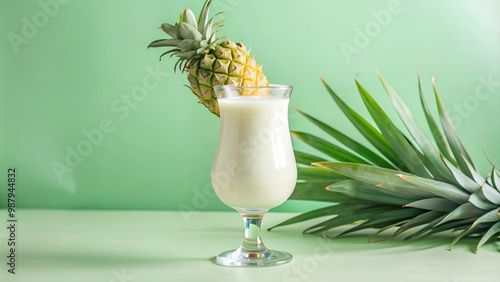 Piña colada with pineapple garnish on a light green background