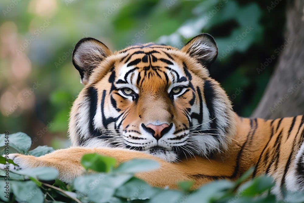 Obraz premium Close up of a tiger resting in green foliage, wildlife photography
