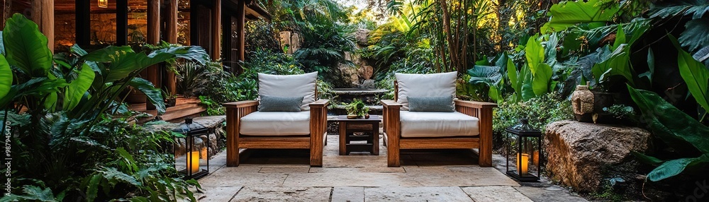 A serene outdoor seating area surrounded by lush greenery, ideal for relaxation and nature appreciation. A serene outdoor seating area surrounded by lush greenery, ideal for relaxation and nature appreciation.