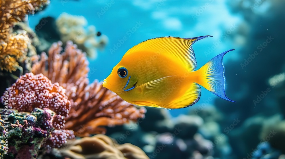 Naklejka premium A vibrant yellow fish swimming gracefully among colorful coral reefs, showcasing the beauty of marine life in a tropical ocean.