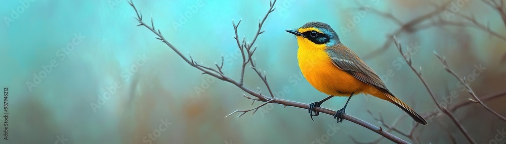 Fototapeta premium A vibrant yellow bird perched delicately on a branch against a soft, blurred background, exuding beauty and calmness in nature.