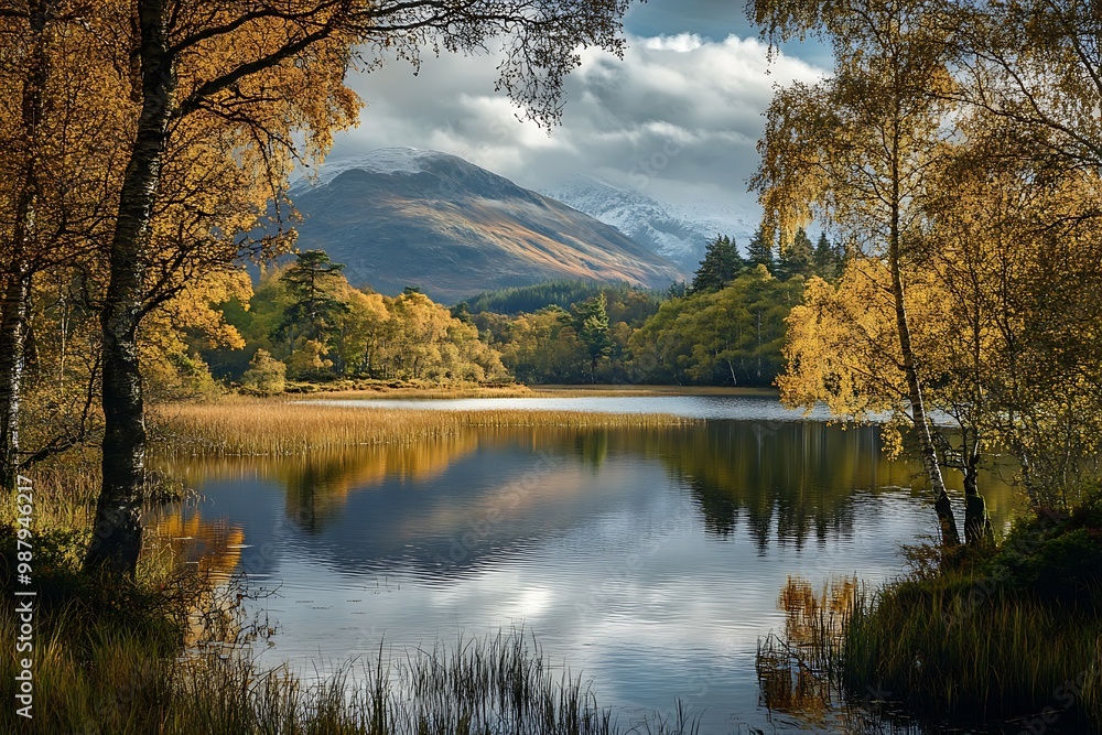 Autumnal Mountain Lake Scene with Reflections, Golden Trees and Blue Sky Autumnal Mountain Lake Scene with Reflections, Golden Trees and Blue Sky