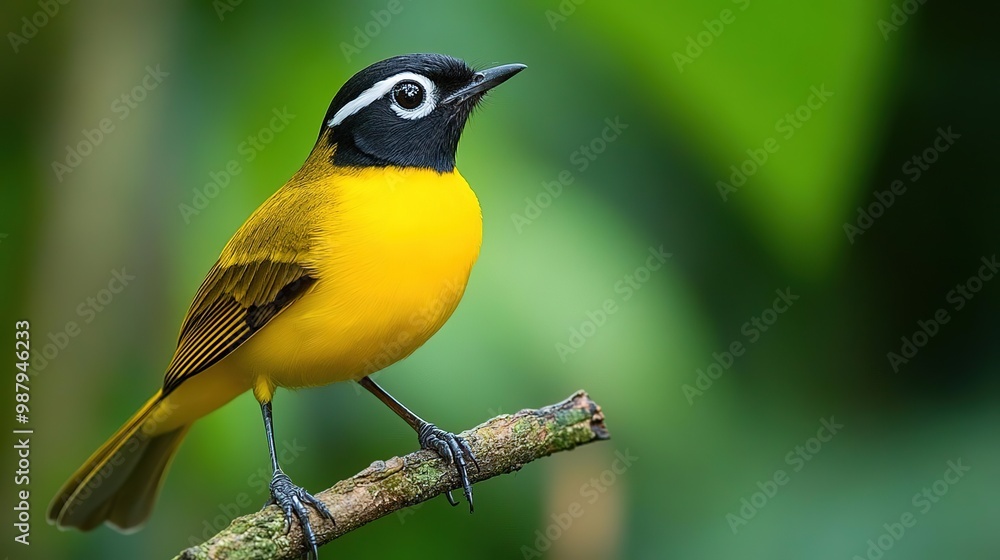 Fototapeta premium A vibrant bird perched on a branch, showcasing striking yellow and black plumage amidst a lush green background.