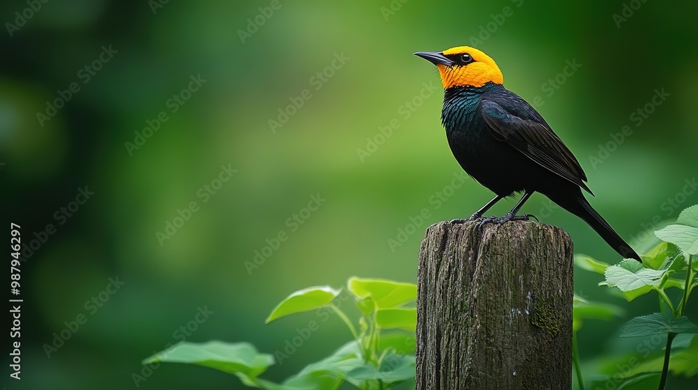 A vibrant bird with a yellow head perched gracefully on a wooden post against a lush green background. A vibrant bird with a yellow head perched gracefully on a wooden post against a lush green background.