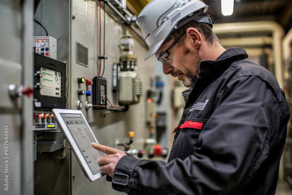 A man in a safety helmet is using a tablet to check a pipe, generative ai image A man in a safety helmet is using a tablet to check a pipe, generative ai image