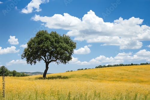 Single tree in a field with blue sky and white clouds, Landscape photography