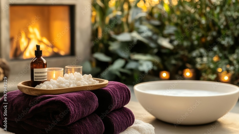 Spa garden with a cozy fireplace, velvet blankets, and aromatic bath salts Spa garden with a cozy fireplace, velvet blankets, and aromatic bath salts