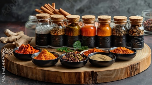Fototapeta Naklejka Na Ścianę i Meble -  A colorful array of spices arranged on a wooden board