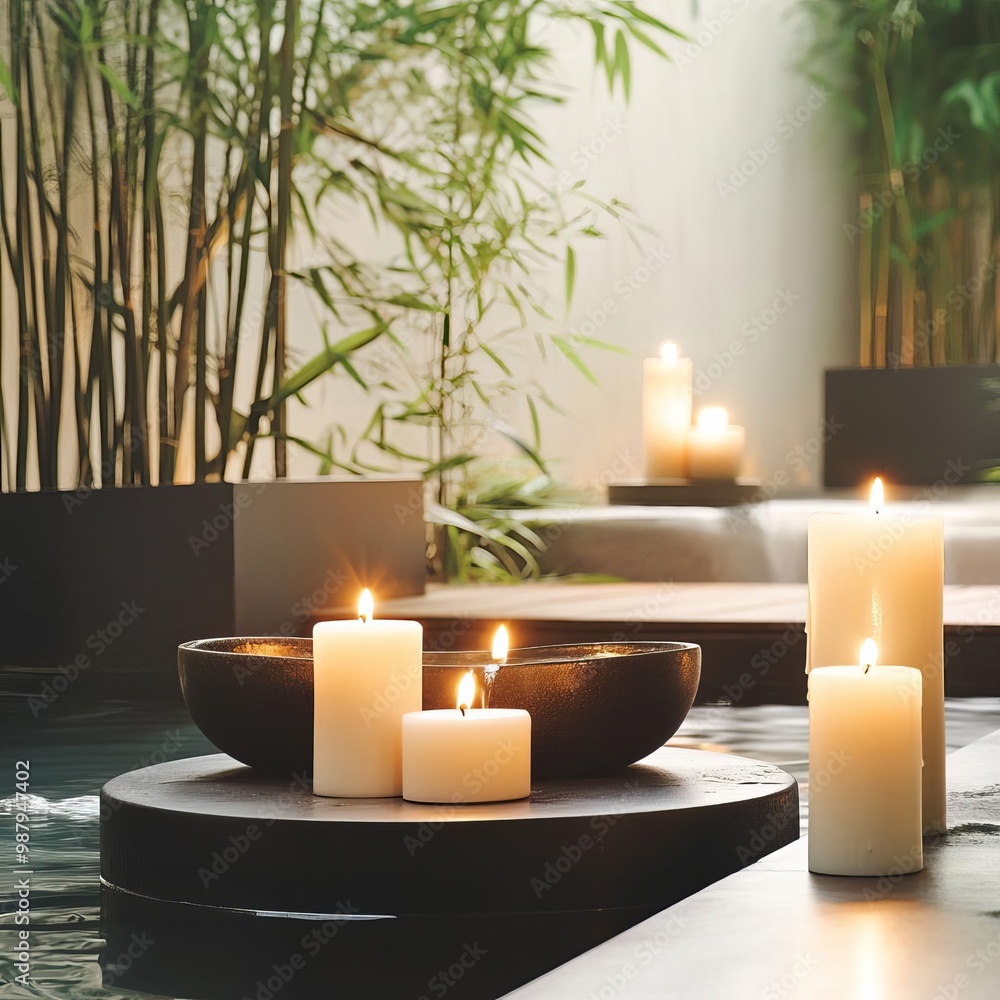 Spa garden with bamboo accents, flickering candles, and gentle water features Spa garden with bamboo accents, flickering candles, and gentle water features