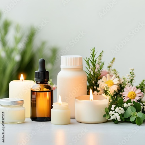 Spa garden with delicate floral arrangements, warm lighting, and a bubbling hot tub