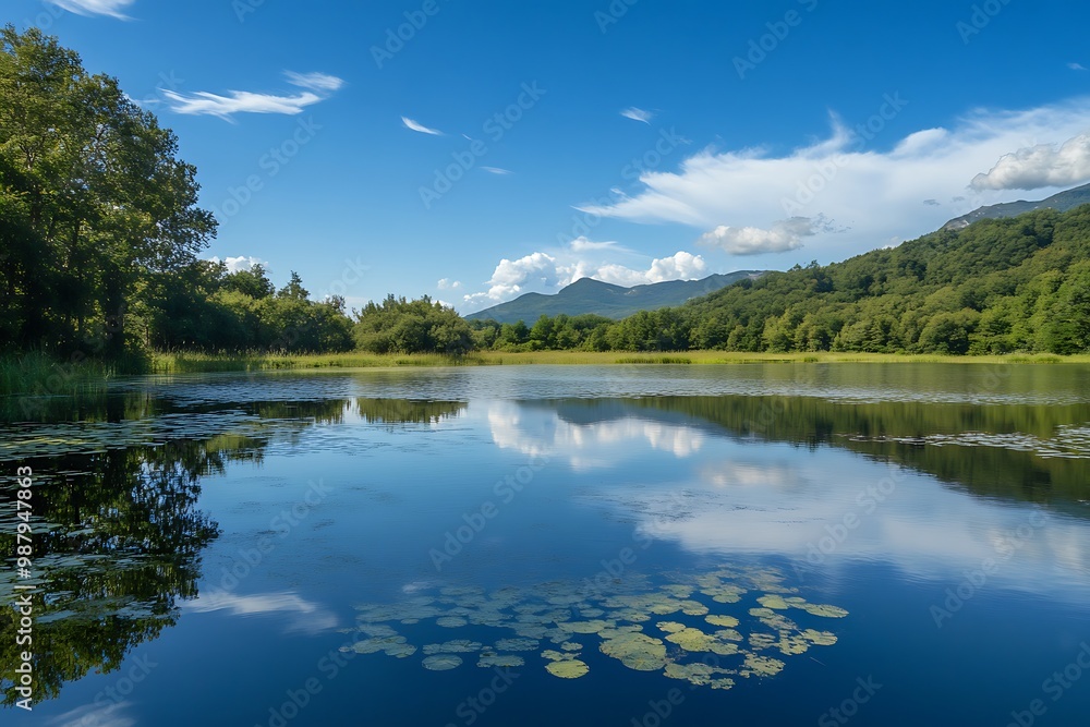 Fototapeta premium Tranquil Blue Lake with Lush Greenery and Majestic Mountains in the Background