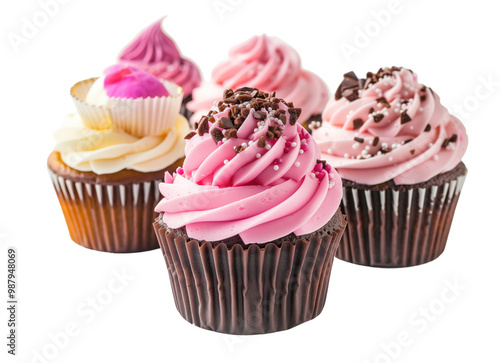 A row of cupcakes with pink frosting and sprinkles