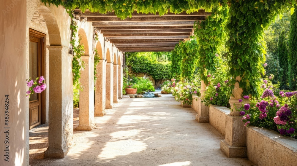 Spa garden with ivy-covered pergolas, a bubbling spring, and floral fragrances Spa garden with ivy-covered pergolas, a bubbling spring, and floral fragrances